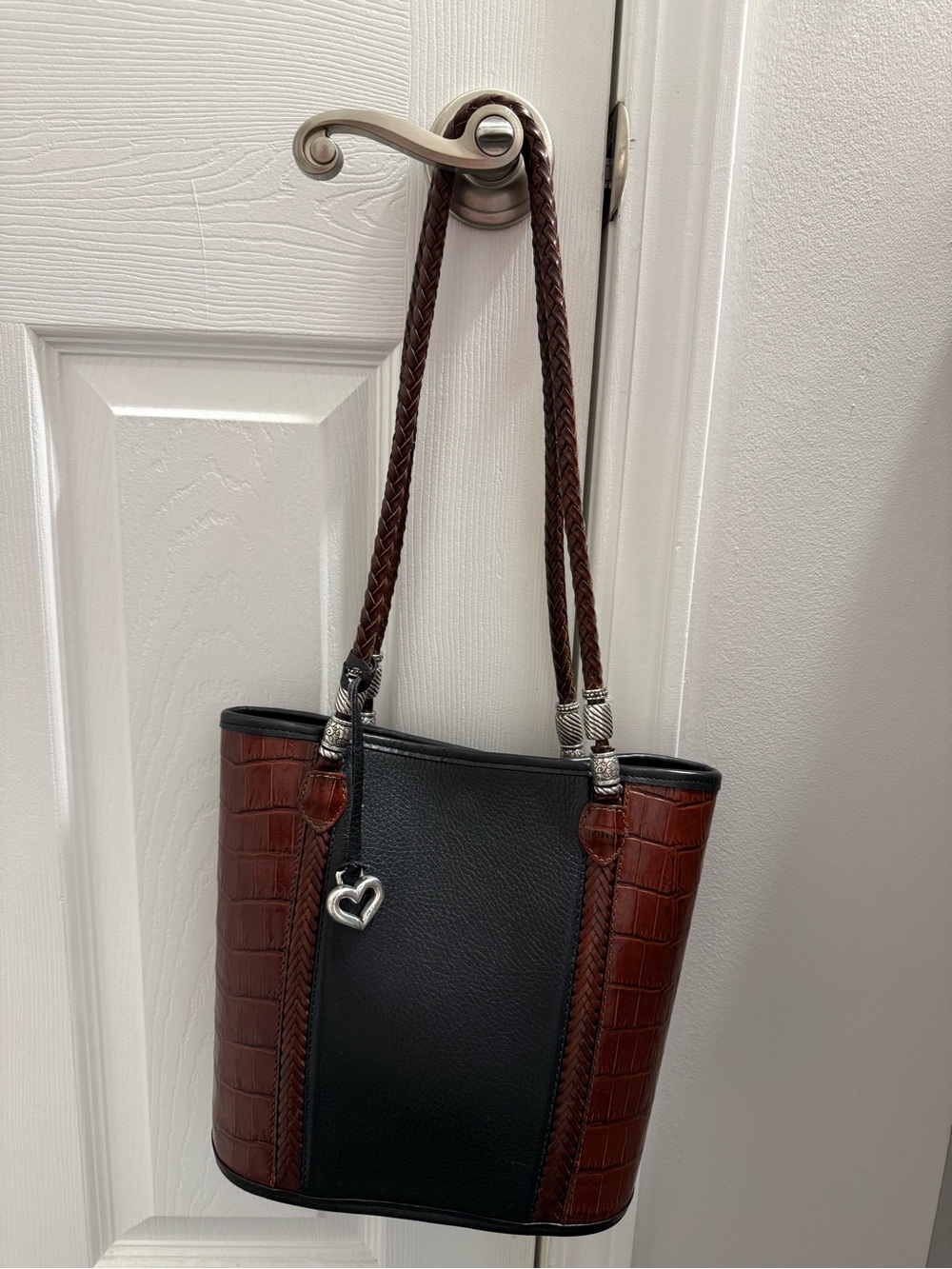 Brighton Black and Brown Croc-Trim Shoulder Bag with Heart Charm